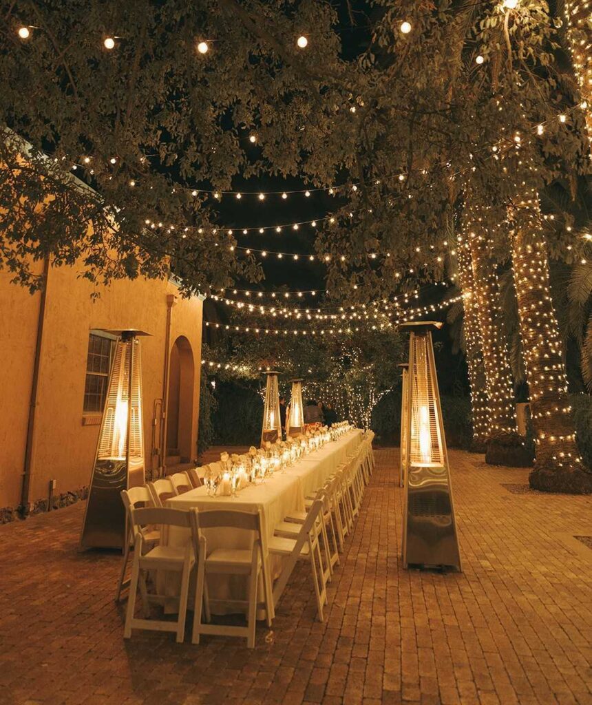 Outside dining table at night.